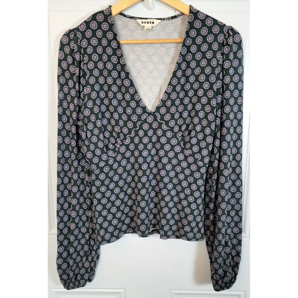 Boden V-Neck Long Sleeve Top Size 12 Geometric Print
